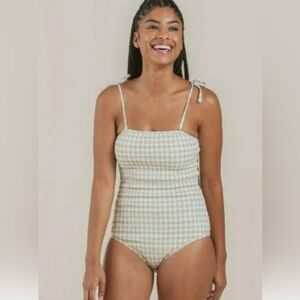 Rylee + Cru Green and Cream Gingham One-Piece Swimsuit